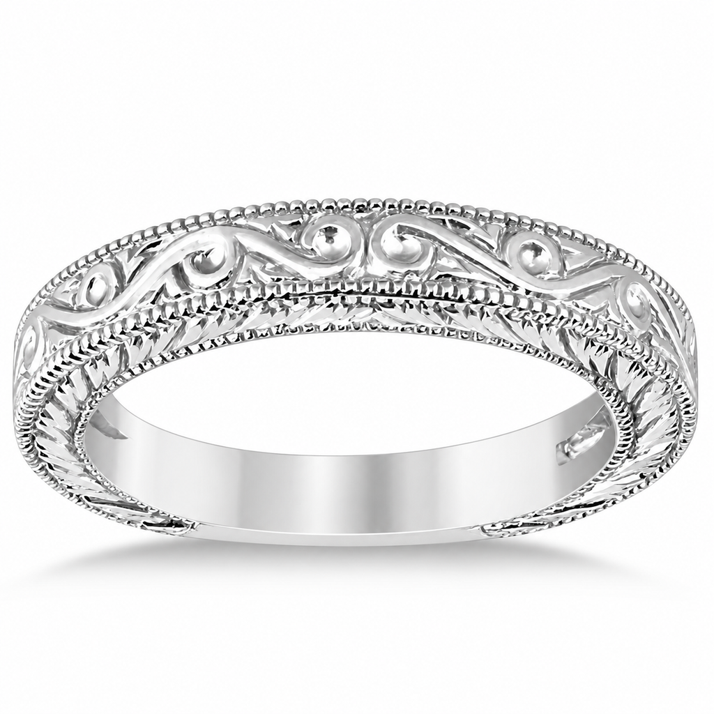 Milgrain scroll filigree wedding band, faithful detail