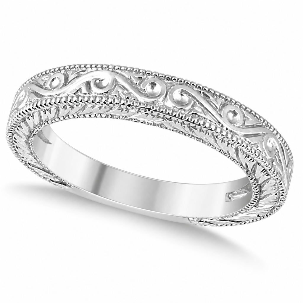 Milgrain scroll filigree wedding band, faithful detail