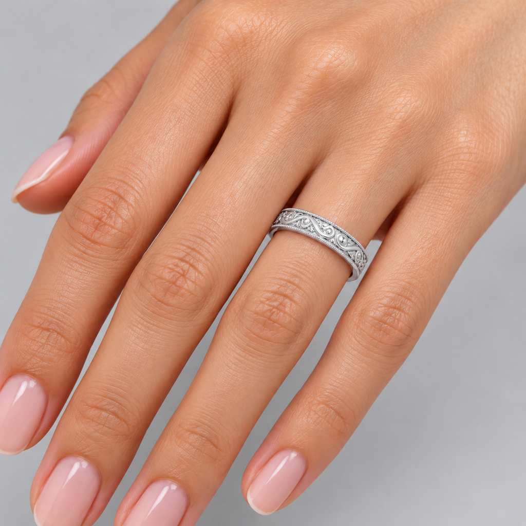 Milgrain scroll filigree wedding band, faithful detail