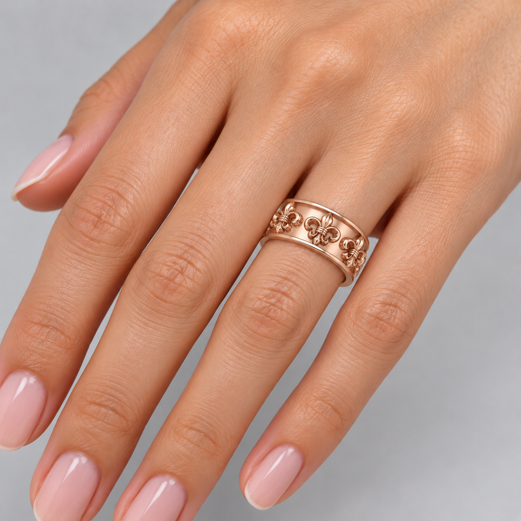 Fleur-de-lis wedding band, exact raised motifs