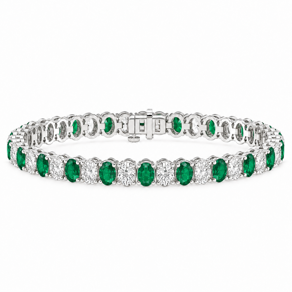 Oval lab-grown emerald and diamond tennis bracelet in 14k white gold — main view