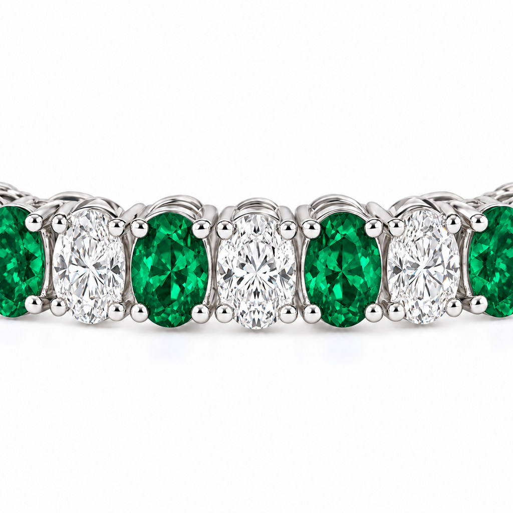 Oval lab-grown emerald and diamond tennis bracelet in 14k white gold — stone detail