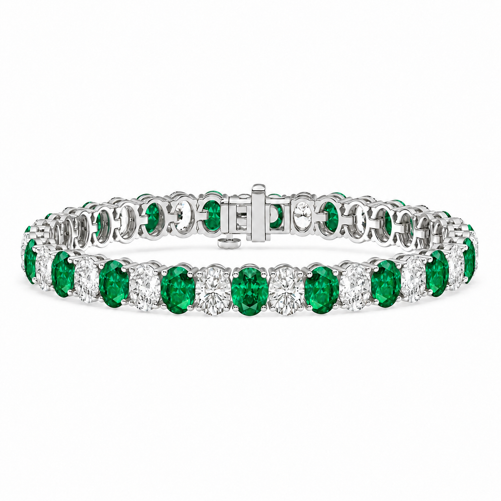 Oval lab-grown emerald and diamond tennis bracelet in 14k white gold — main view