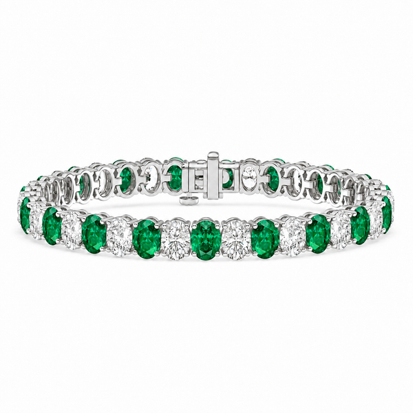 Oval Lab Grown Emerald & Diamond Tennis Bracelet 14k White Gold (15.06ctw)