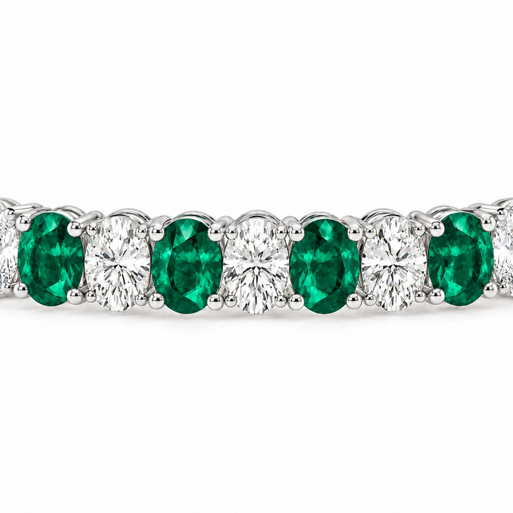 Oval lab-grown emerald and diamond tennis bracelet in 14k white gold — stone detail