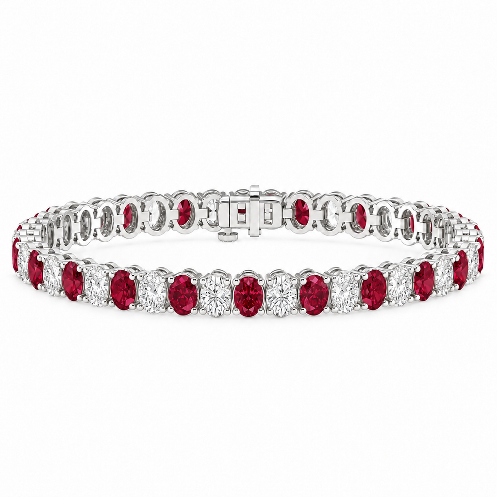 Oval lab-grown ruby and diamond tennis bracelet in 14k white gold — main view