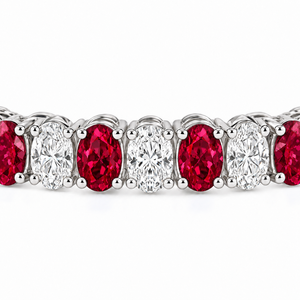 Oval lab-grown ruby and diamond tennis bracelet in 14k white gold — stone detail