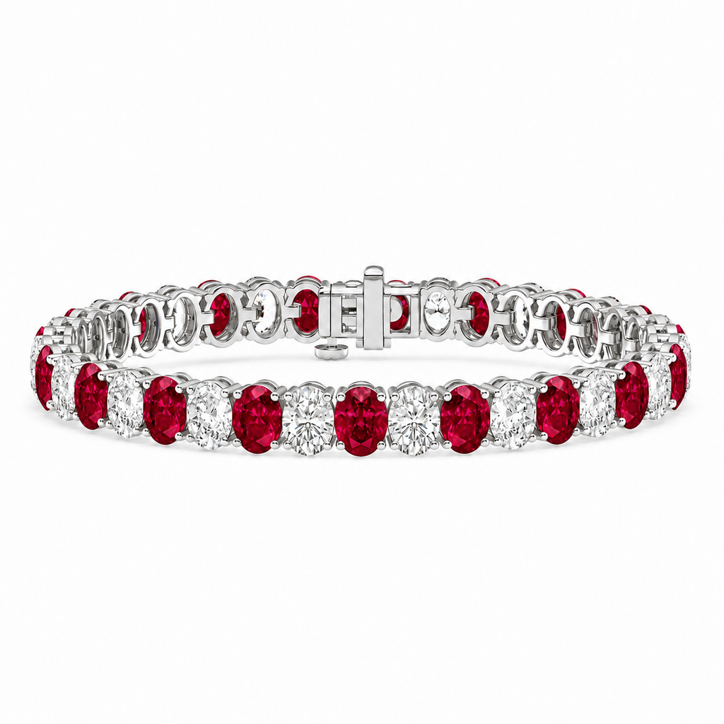 Oval lab-grown ruby and diamond tennis bracelet in 14k white gold — main view