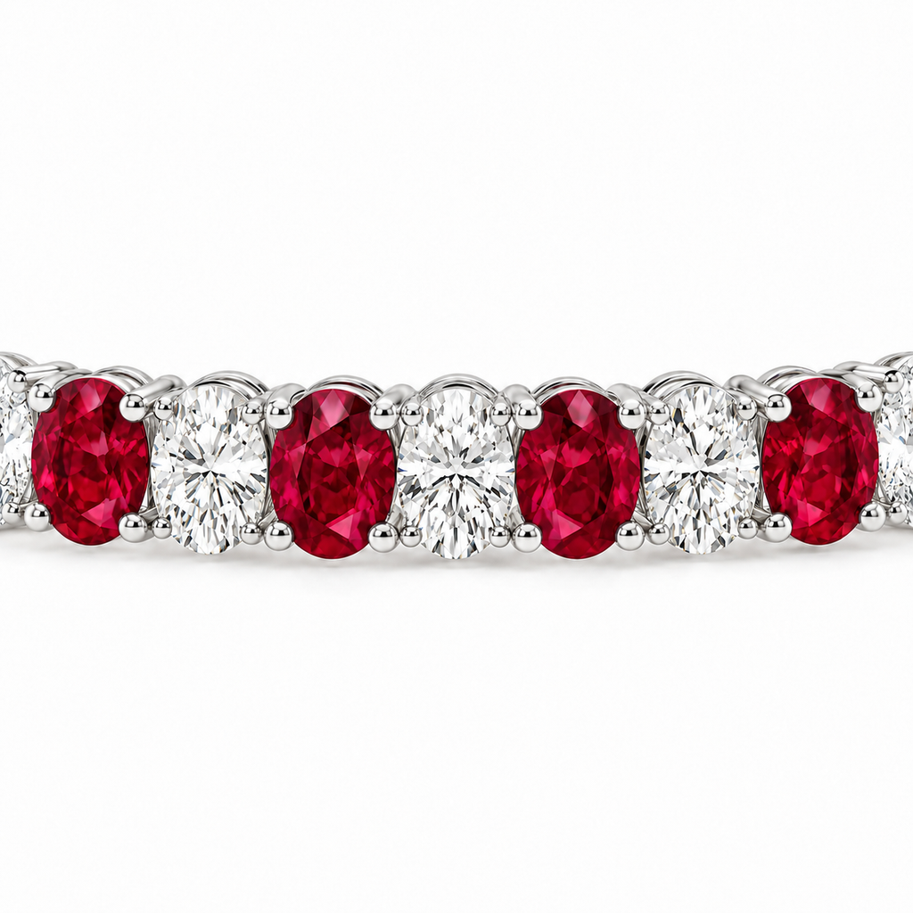 Oval lab-grown ruby and diamond tennis bracelet in 14k white gold — stone detail