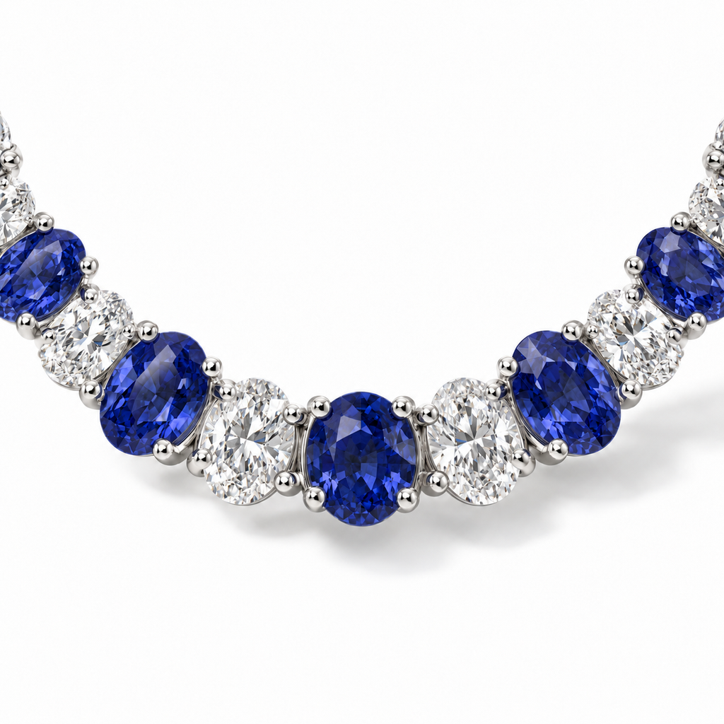Lab sapphire and diamond graduated necklace in 14k white gold - stone and setting close-up