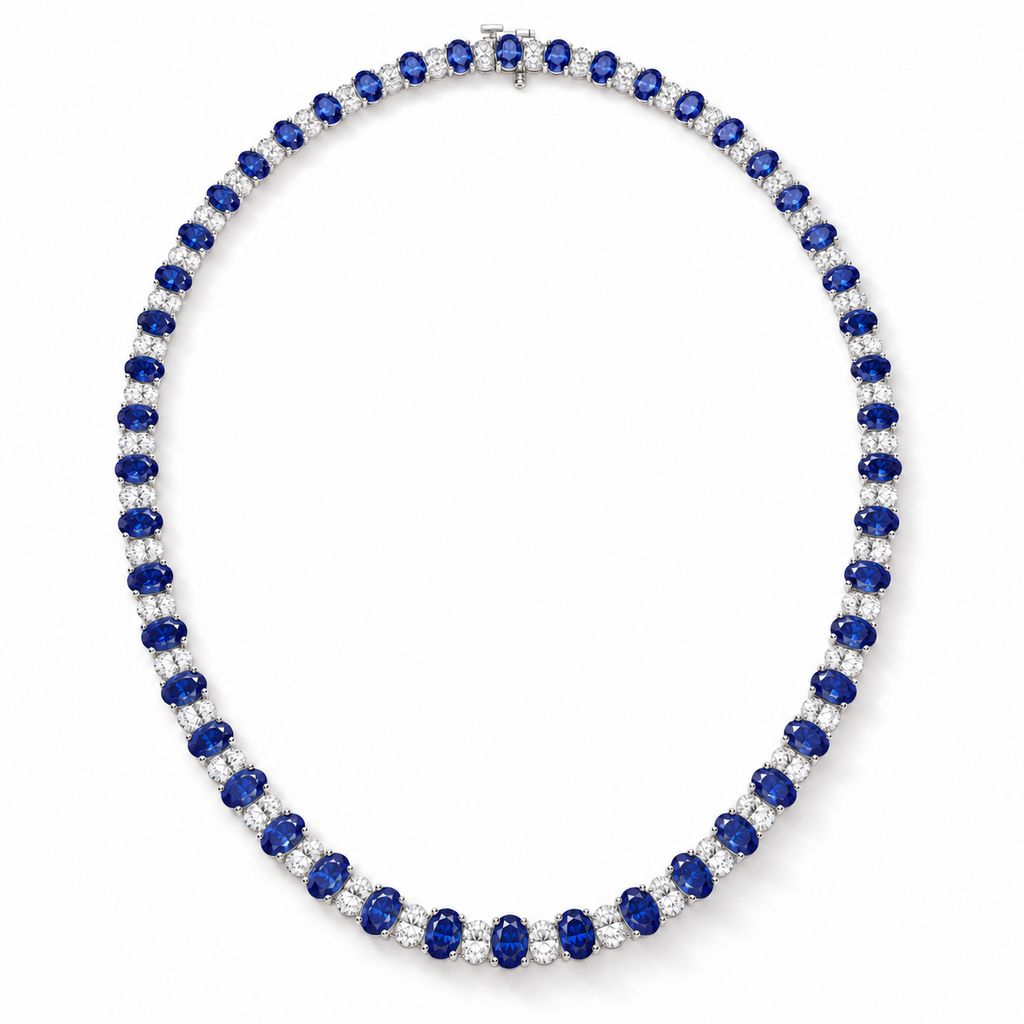 Lab sapphire and diamond graduated necklace in 14k white gold - full necklace