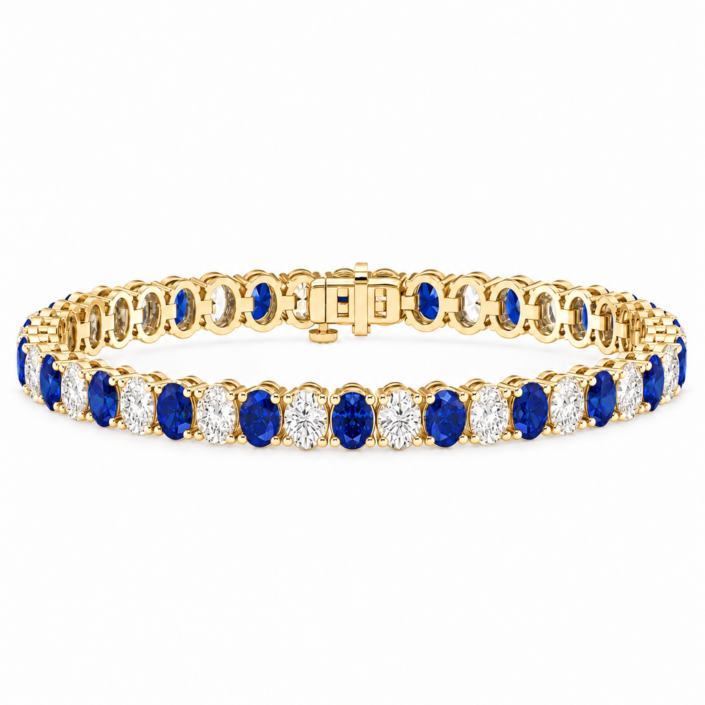 Oval Lab Grown Blue Sapphire & Diamond Tennis Bracelet 14k Yellow Gold (14.80ctw) - main view