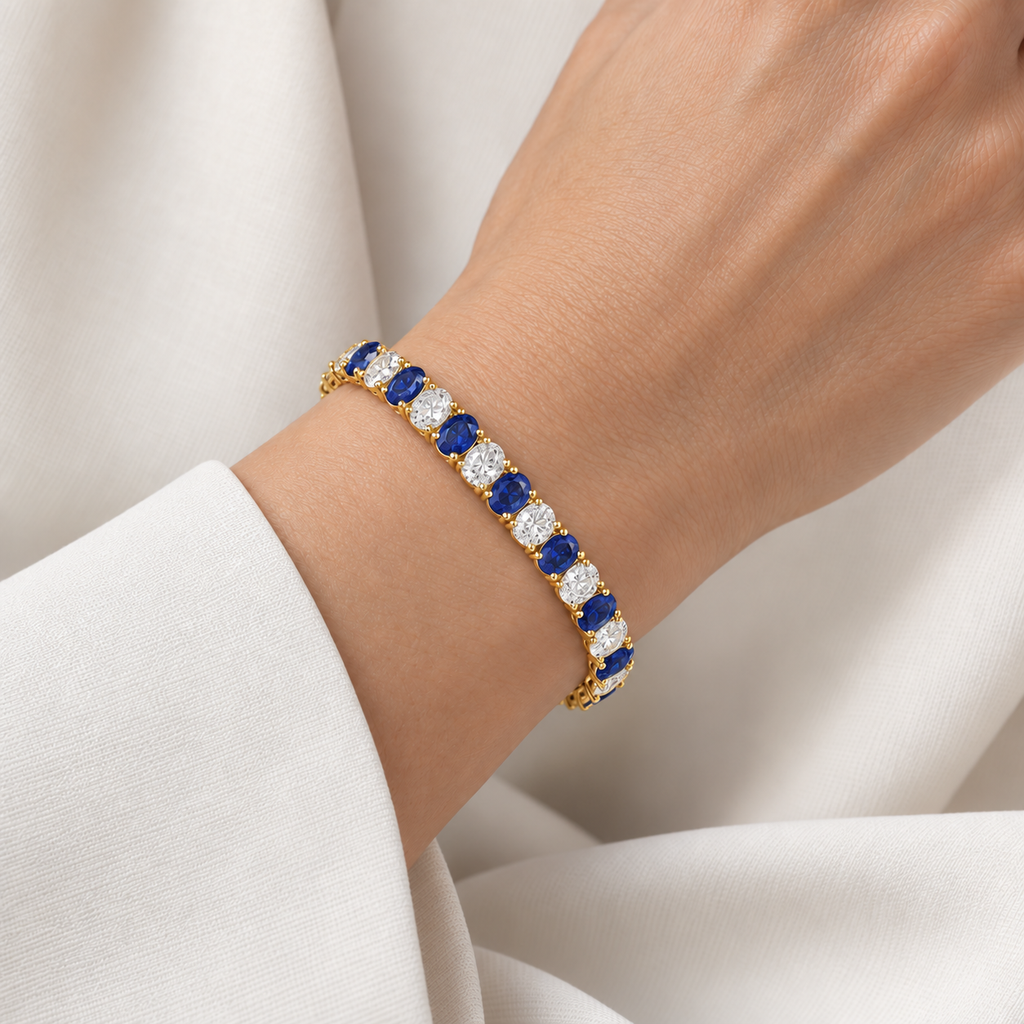Oval Lab Grown Blue Sapphire & Diamond Tennis Bracelet 14k Yellow Gold (14.80ctw) - worn on wrist