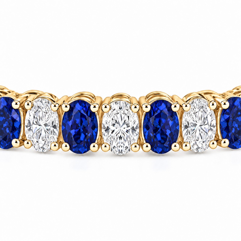 Oval Lab Grown Blue Sapphire & Diamond Tennis Bracelet 14k Yellow Gold (14.80ctw) - stone detail