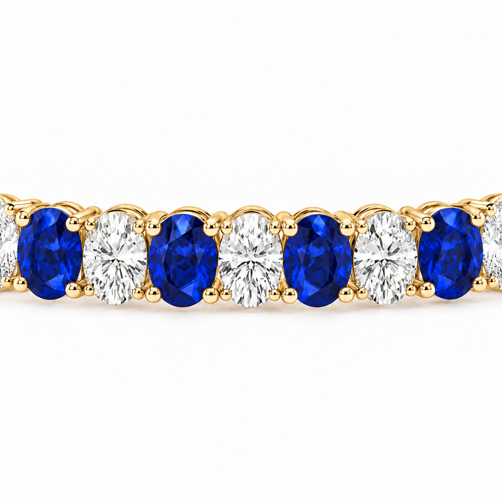 Oval Lab Grown Blue Sapphire & Diamond Tennis Bracelet 14k Yellow Gold (18.86ctw) - stone detail
