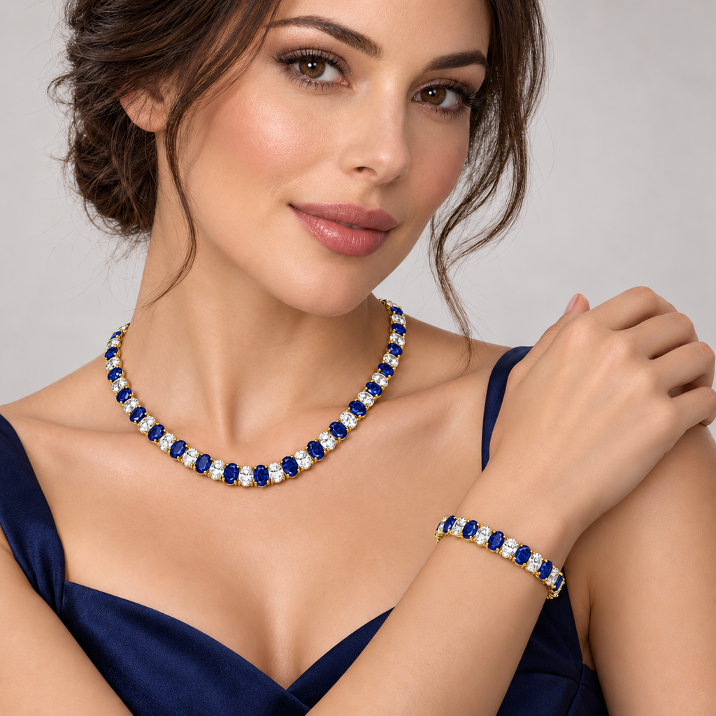 Oval Lab Grown Blue Sapphire & Diamond Tennis Bracelet 14k Yellow Gold (18.86ctw) - model wearing matching necklace and bracelet