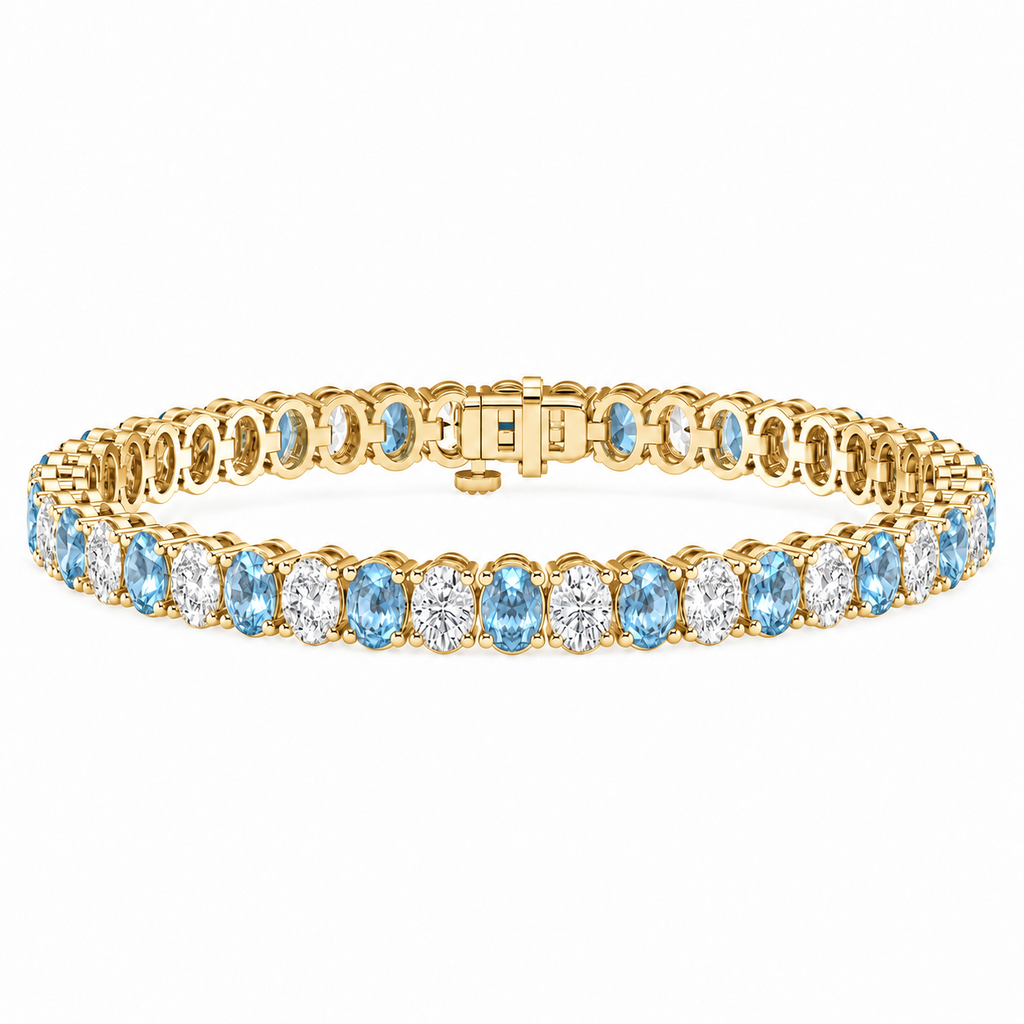 Oval Lab Grown Aquamarine & Diamond Tennis Bracelet 14k Yellow Gold (11.94ctw) - main view