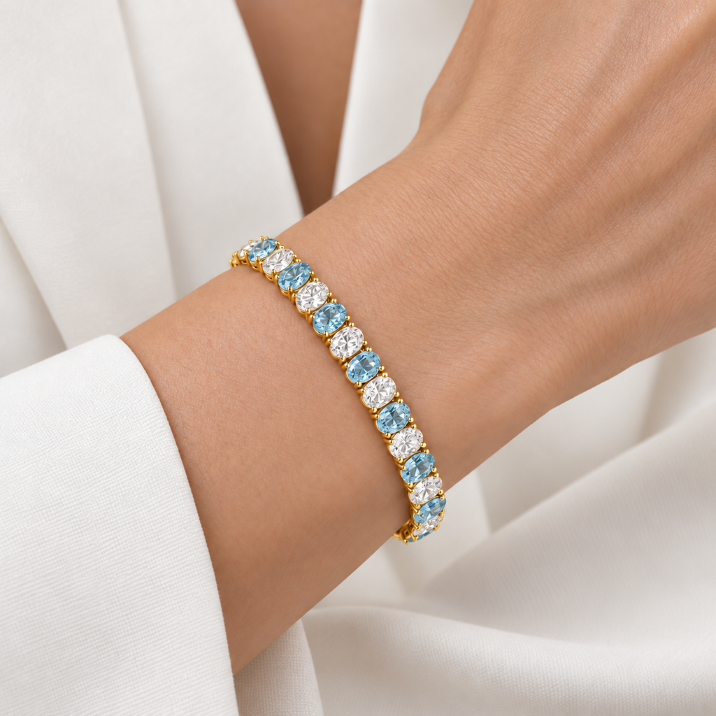 Oval Lab Grown Aquamarine & Diamond Tennis Bracelet 14k Yellow Gold (11.94ctw) - worn on wrist