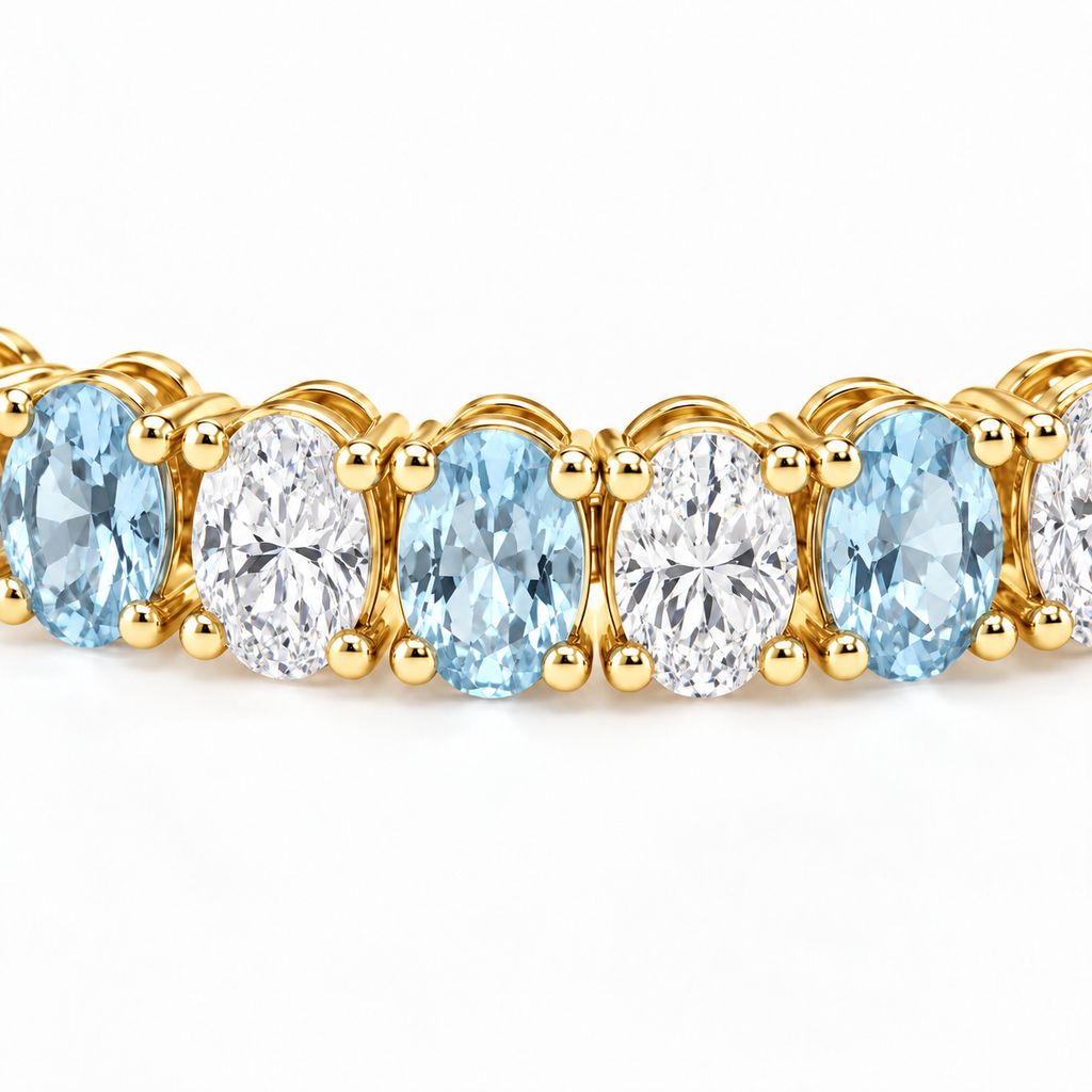 Oval Lab Grown Aquamarine & Diamond Tennis Bracelet 14k Yellow Gold (11.94ctw) - stone detail