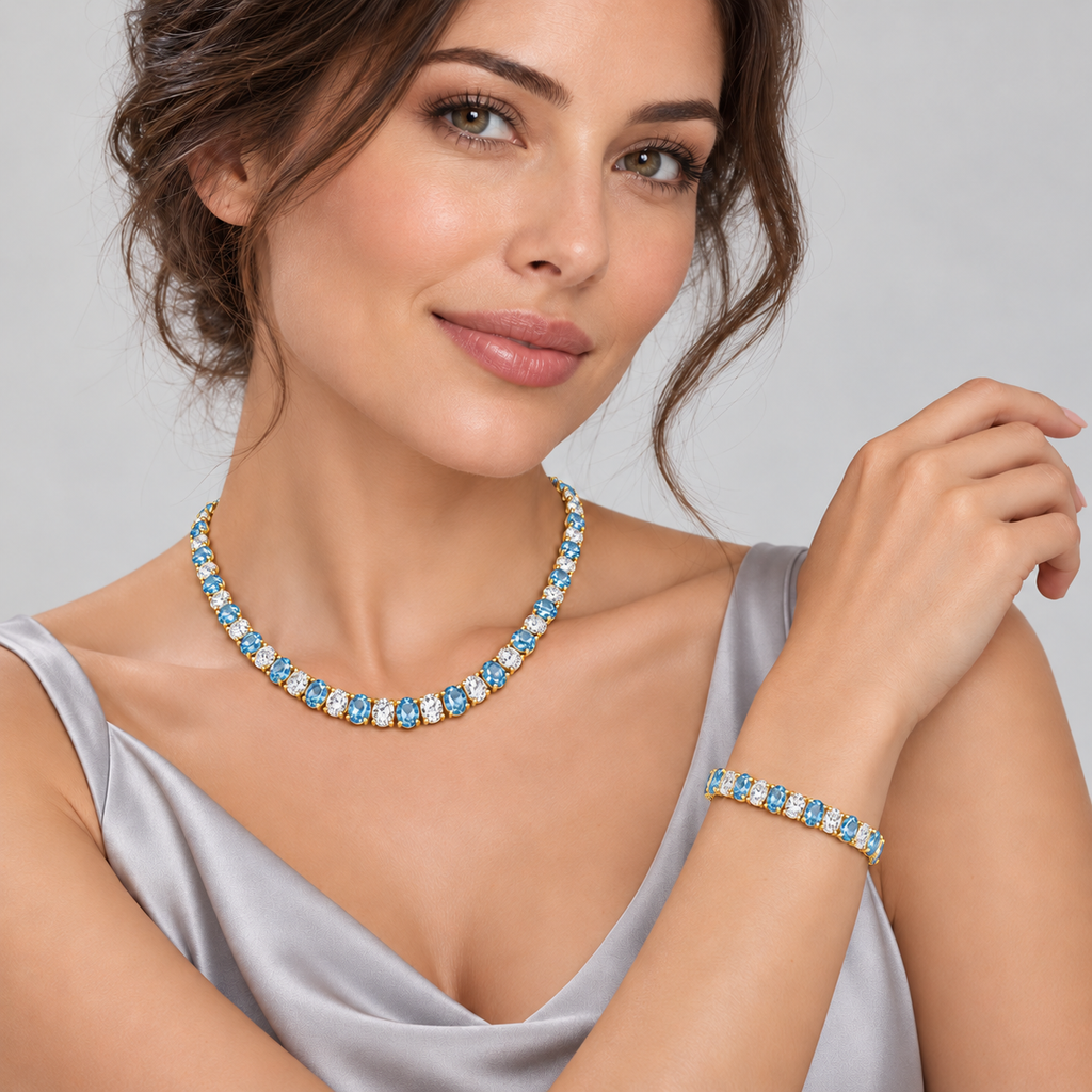 Oval Lab Grown Aquamarine & Diamond Tennis Bracelet 14k Yellow Gold (11.94ctw) - model wearing matching necklace and bracelet