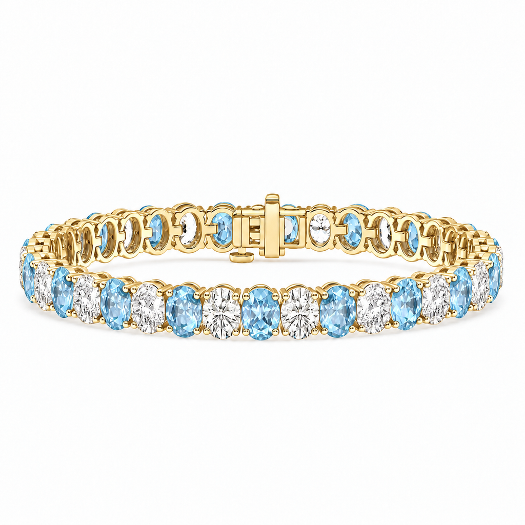 Oval Lab Grown Aquamarine & Diamond Tennis Bracelet 14k Yellow Gold (15.06ctw) - main view