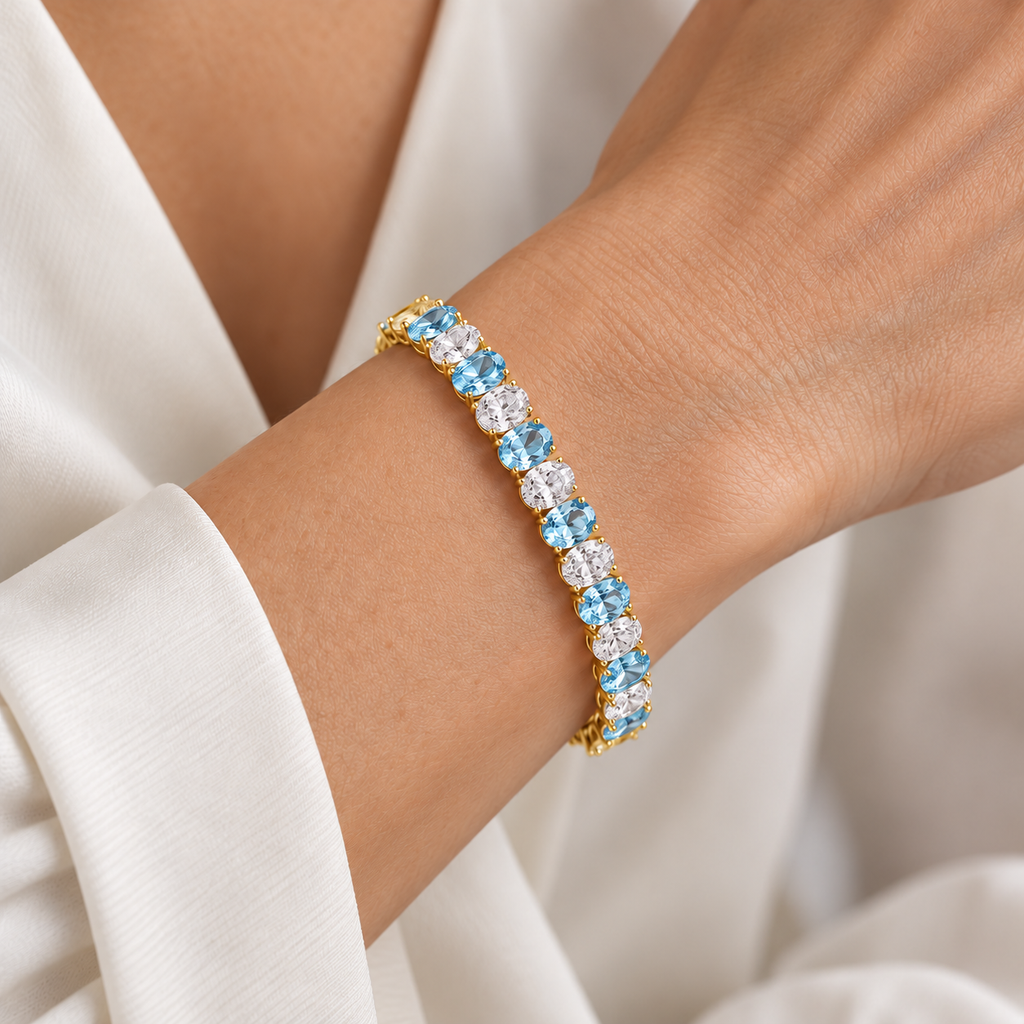 Oval Lab Grown Aquamarine & Diamond Tennis Bracelet 14k Yellow Gold (15.06ctw) - worn on wrist