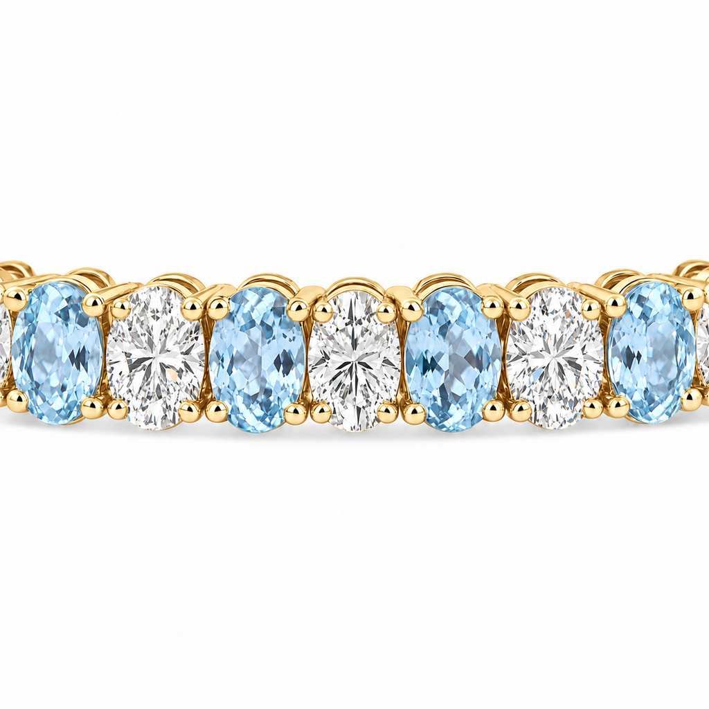 Oval Lab Grown Aquamarine & Diamond Tennis Bracelet 14k Yellow Gold (15.06ctw) - stone detail