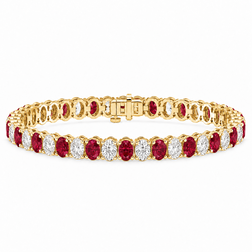 Oval Lab Grown Ruby & Diamond Tennis Bracelet 14k Yellow Gold (14.80ctw) - main view