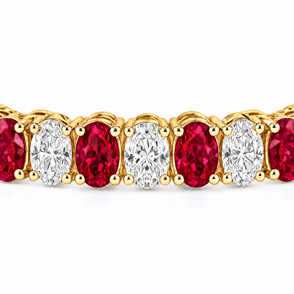 Oval Lab Grown Ruby & Diamond Tennis Bracelet 14k Yellow Gold (14.80ctw) - stone detail