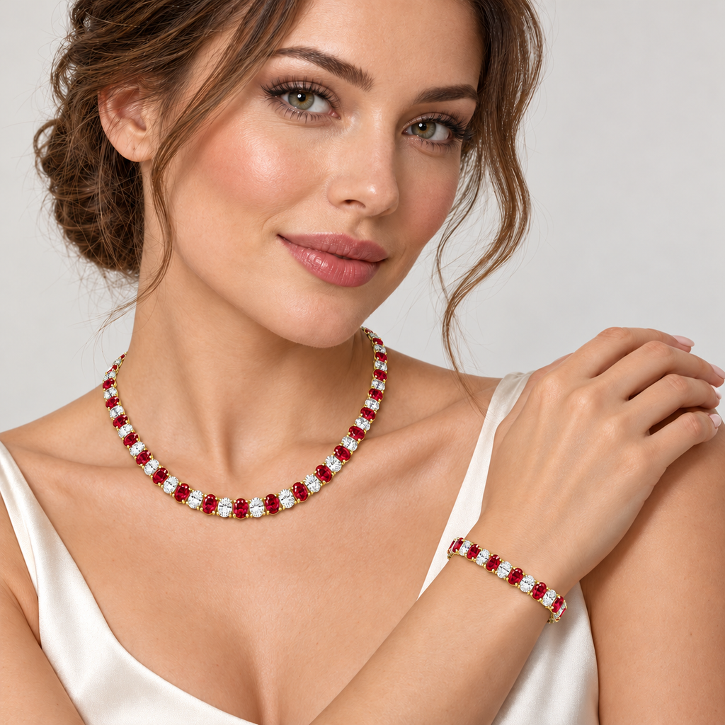Oval Lab Grown Ruby & Diamond Tennis Bracelet 14k Yellow Gold (14.80ctw) - model wearing matching necklace and bracelet