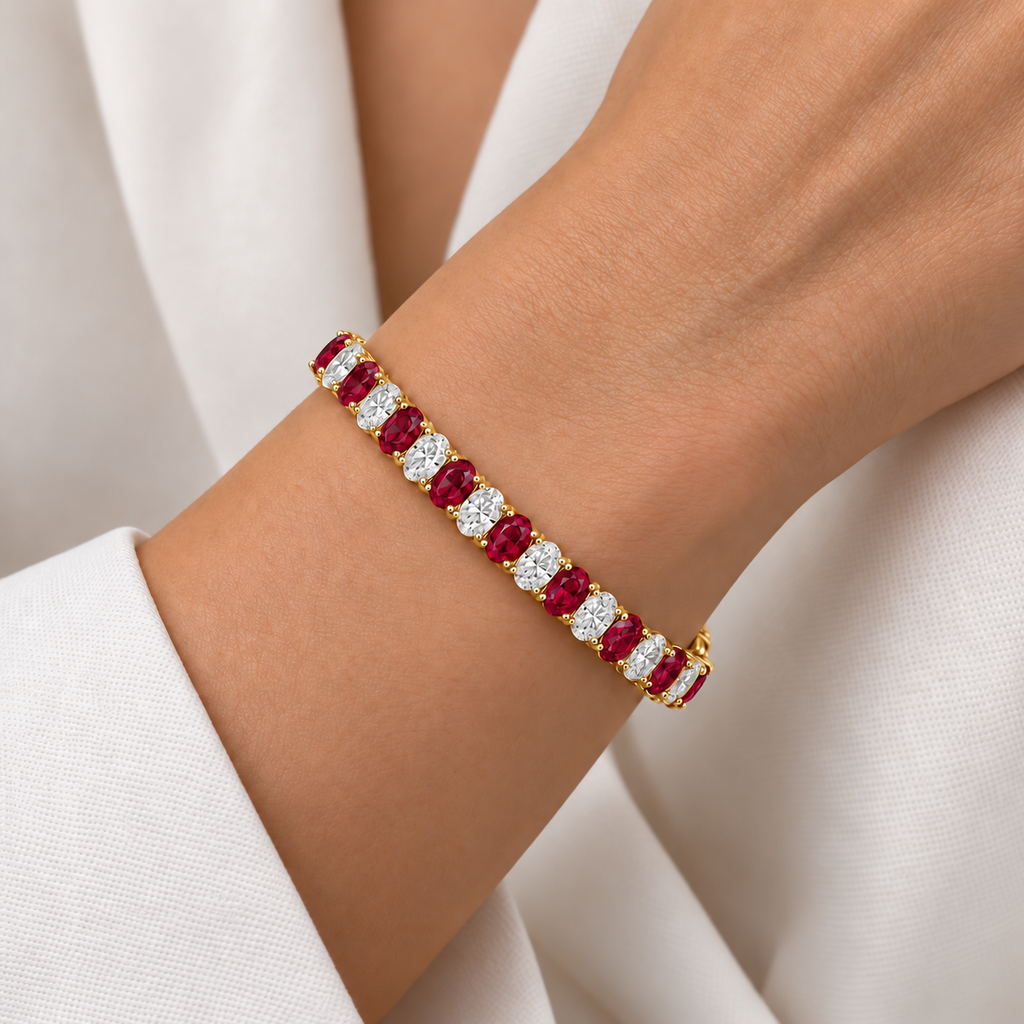 Oval Lab Grown Ruby & Diamond Tennis Bracelet 14k Yellow Gold (18.86ctw) - worn on wrist