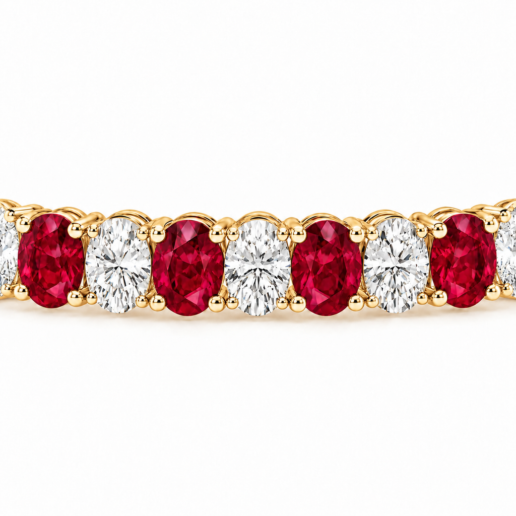 Oval Lab Grown Ruby & Diamond Tennis Bracelet 14k Yellow Gold (18.86ctw) - stone detail