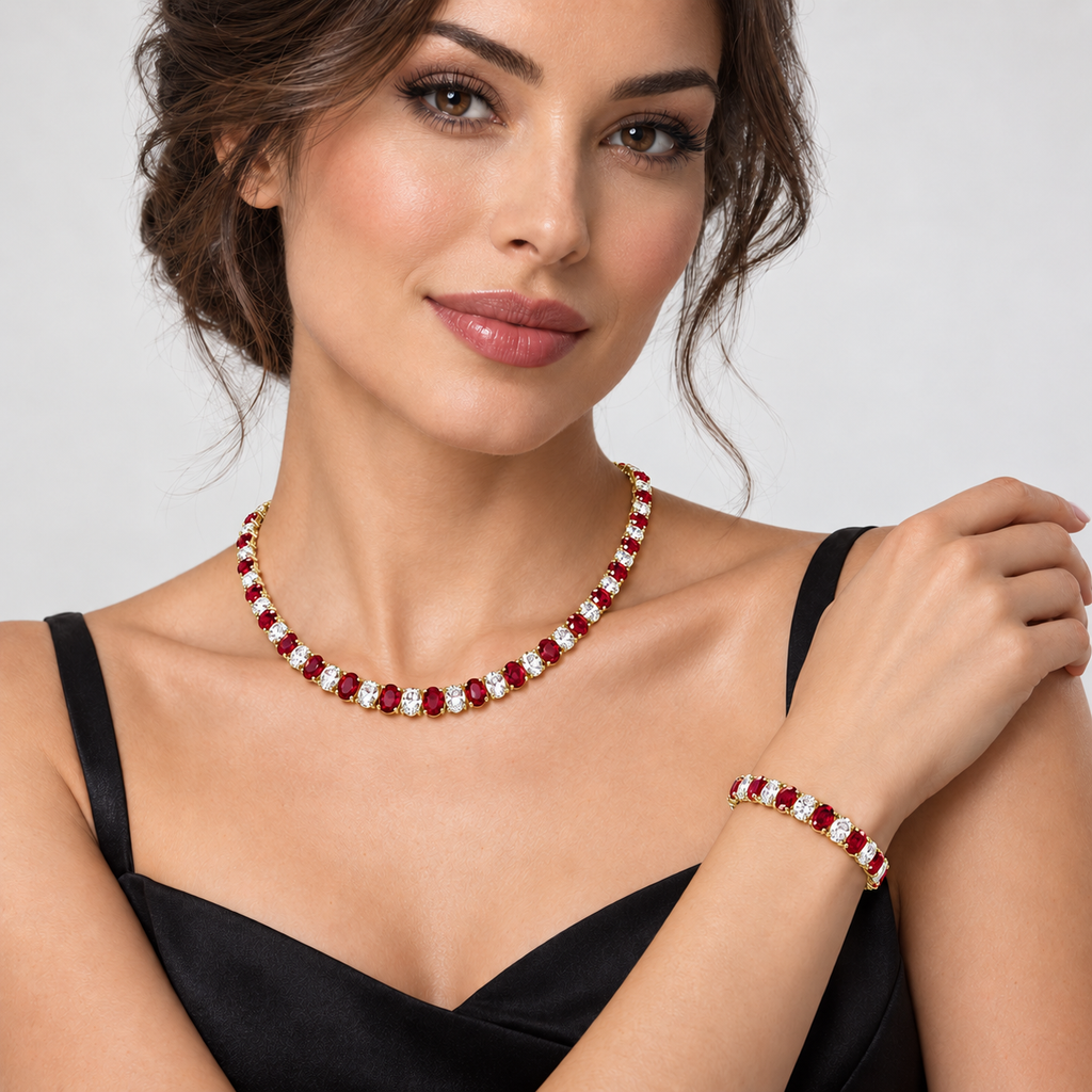 Oval Lab Grown Ruby & Diamond Tennis Bracelet 14k Yellow Gold (18.86ctw) - model wearing matching necklace and bracelet