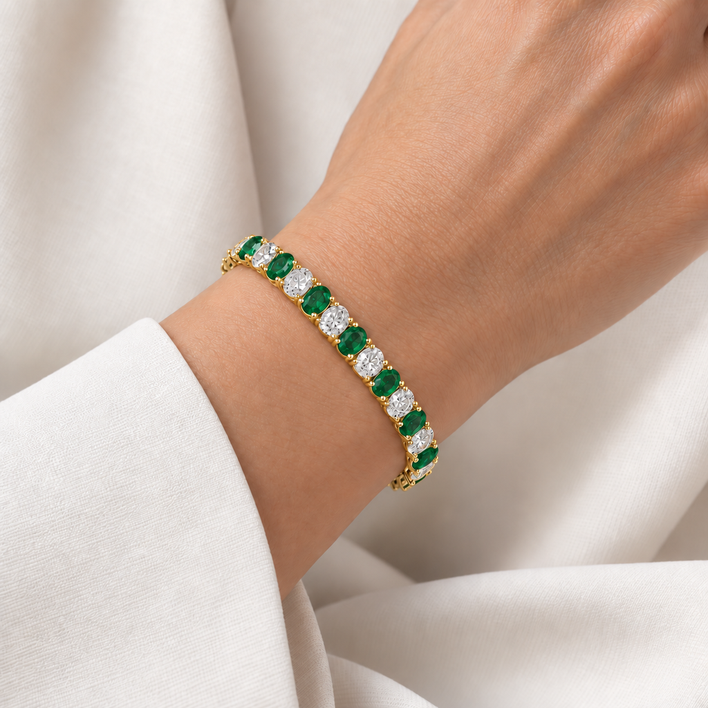 Oval Lab Grown Emerald & Diamond Tennis Bracelet 14k Yellow Gold (11.94ctw) - worn on wrist