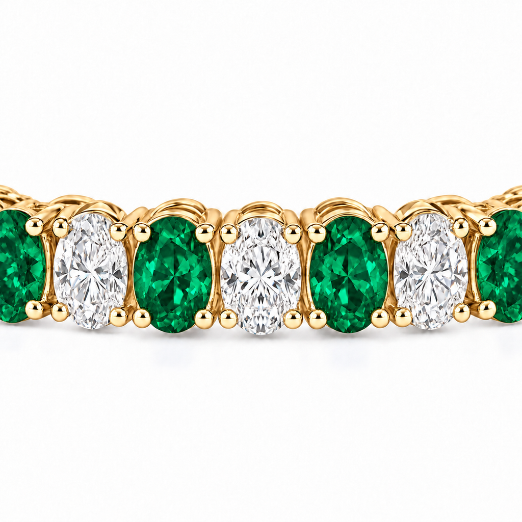 Oval Lab Grown Emerald & Diamond Tennis Bracelet 14k Yellow Gold (11.94ctw) - stone detail