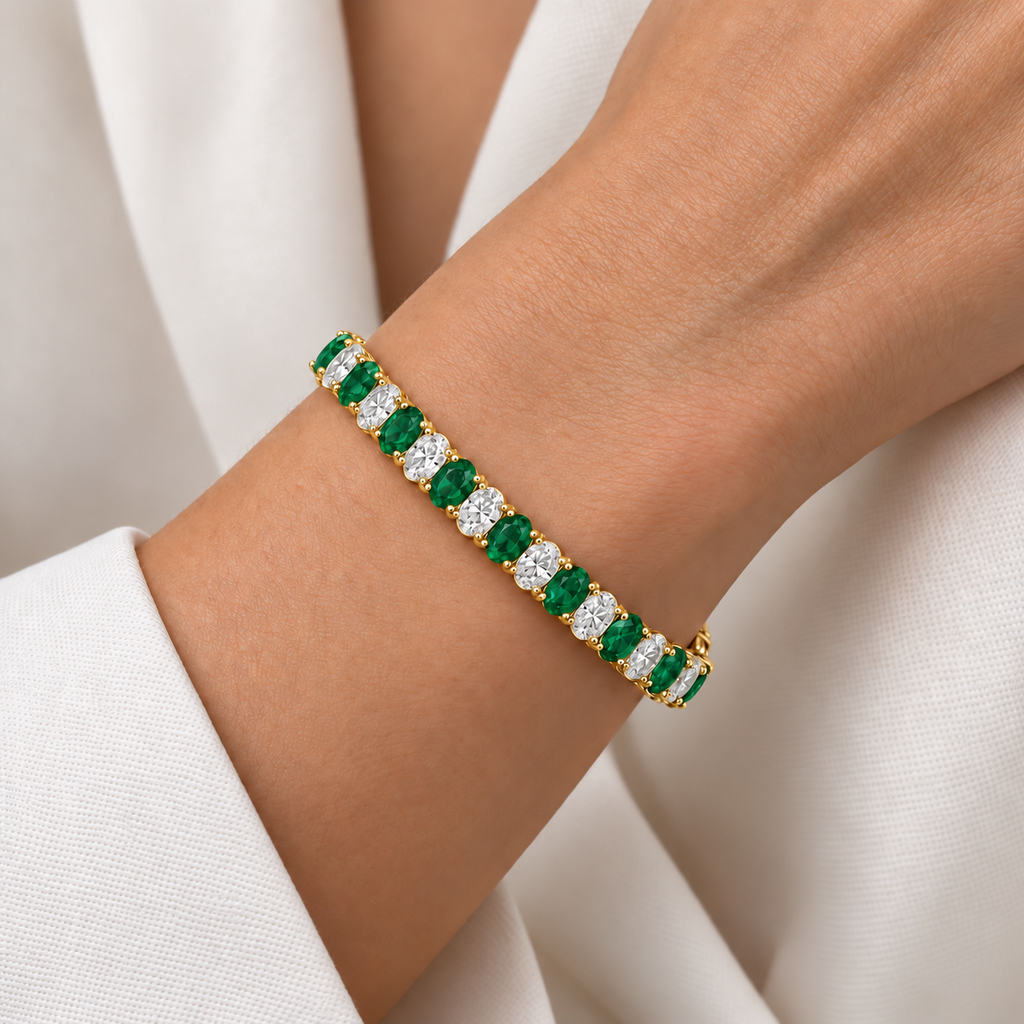 Oval Lab Grown Emerald & Diamond Tennis Bracelet 14k Yellow Gold (15.06ctw) - worn on wrist