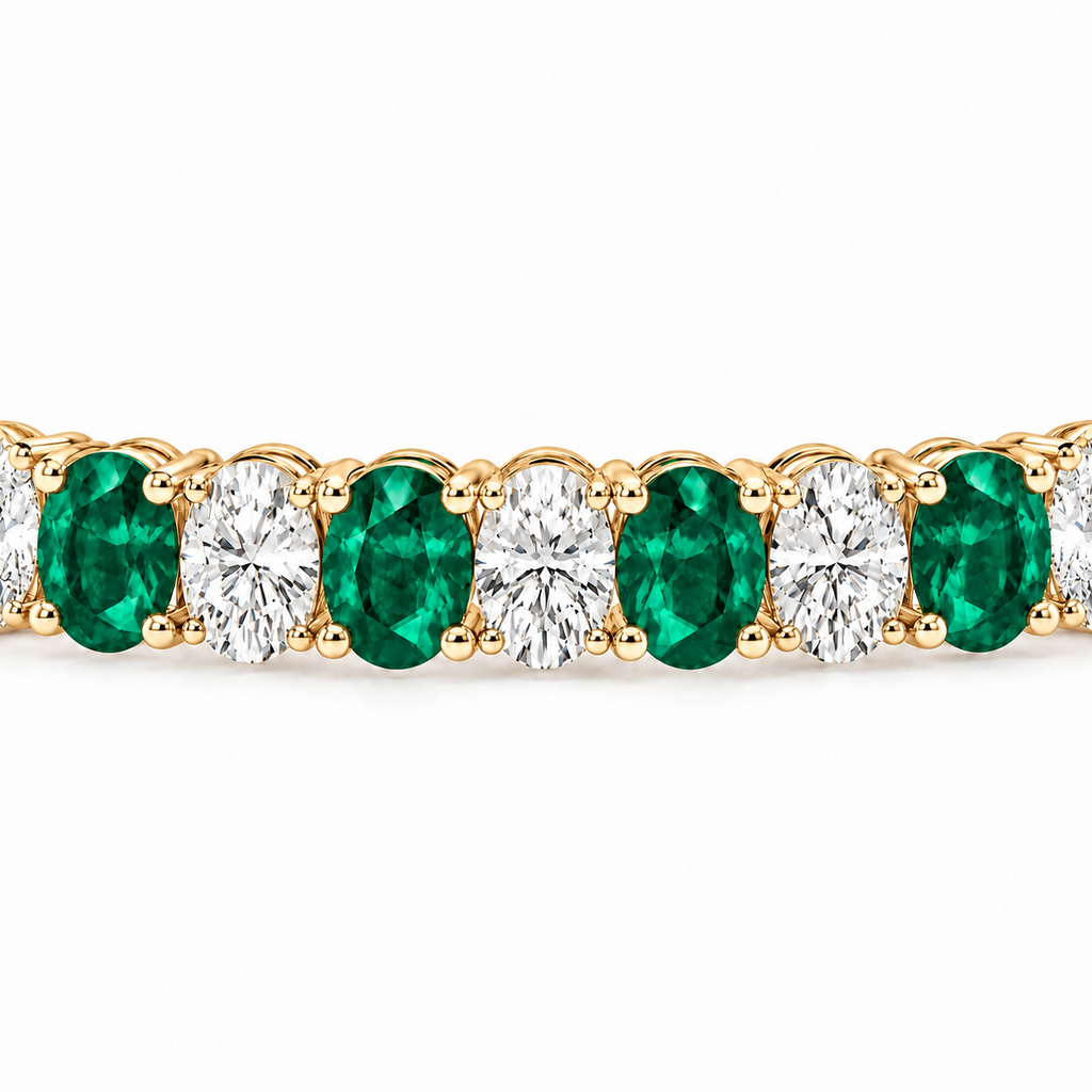 Oval Lab Grown Emerald & Diamond Tennis Bracelet 14k Yellow Gold (15.06ctw) - stone detail