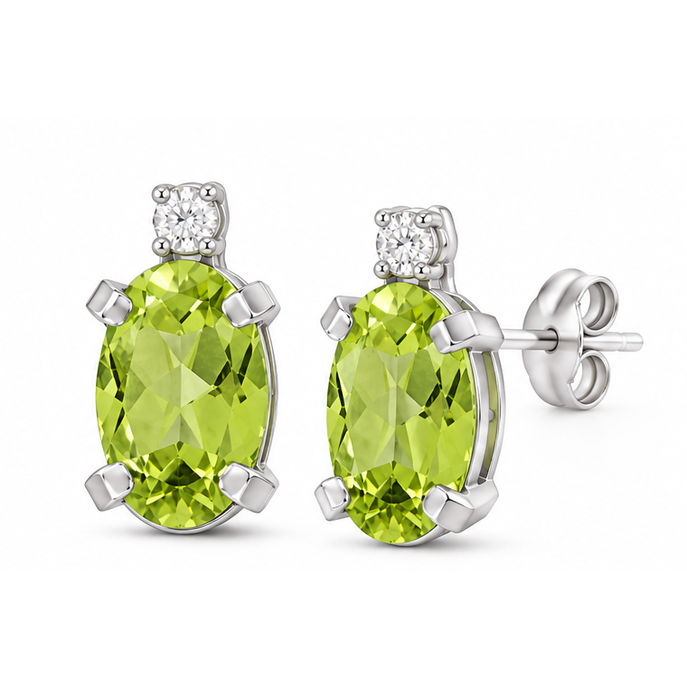 Oval Peridot and Diamond Studs Earrings 14k White Gold (1.12ct)