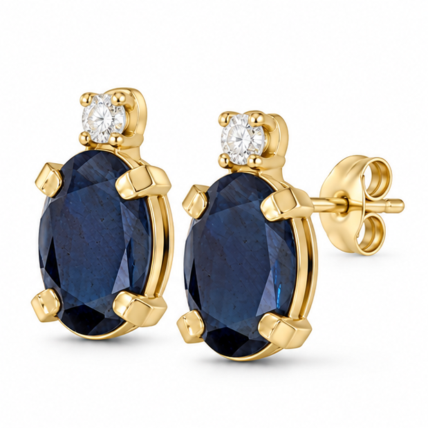 Oval Blue Sapphire and Diamond Studs Earrings 14k Yellow Gold (1.12ct)