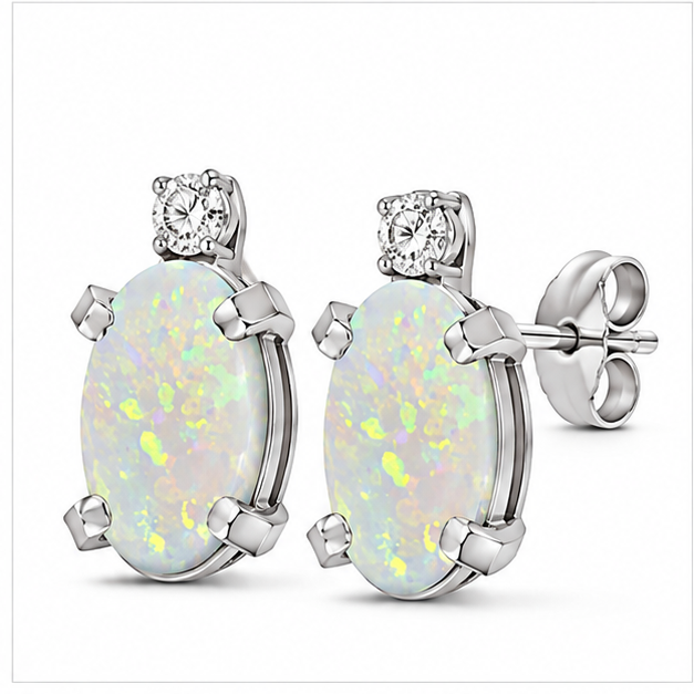 Oval Opal and Diamond Studs Earrings 14k White Gold (1.12ct)