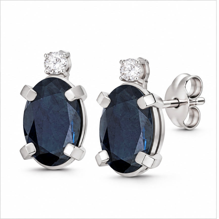 Oval Blue Sapphire and Diamond Studs Earrings 14k White Gold (1.12ct)