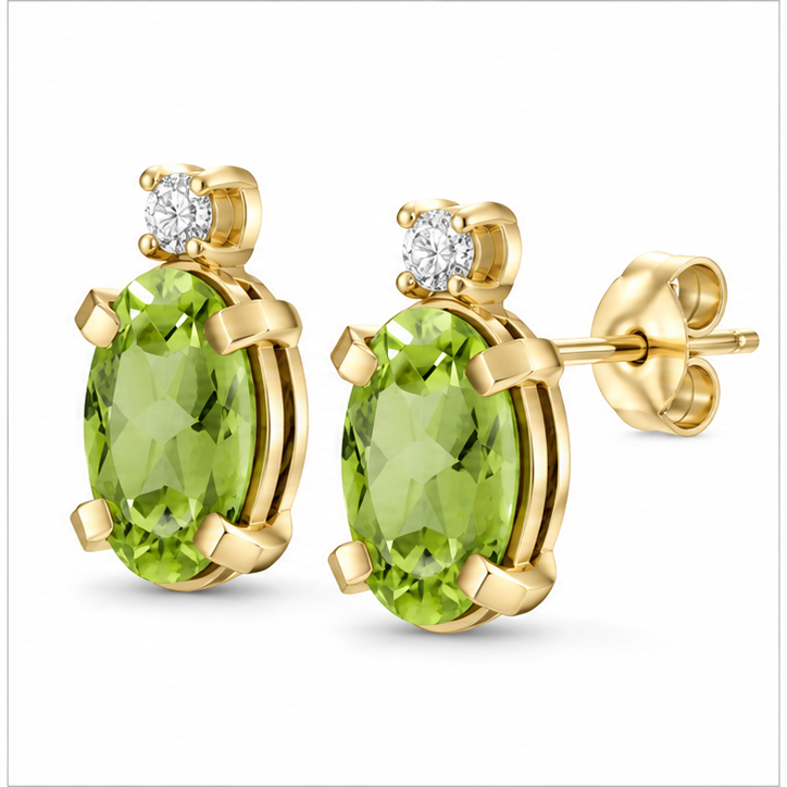 Oval Peridot and Diamond Studs Earrings 14k Yellow Gold (1.12ct)