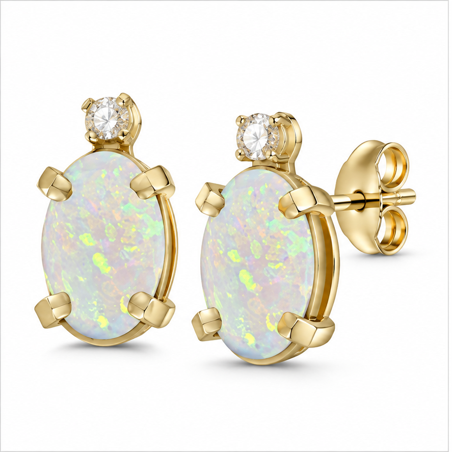 Oval Opal and Diamond Studs Earrings 14k Yellow Gold (1.12ct)