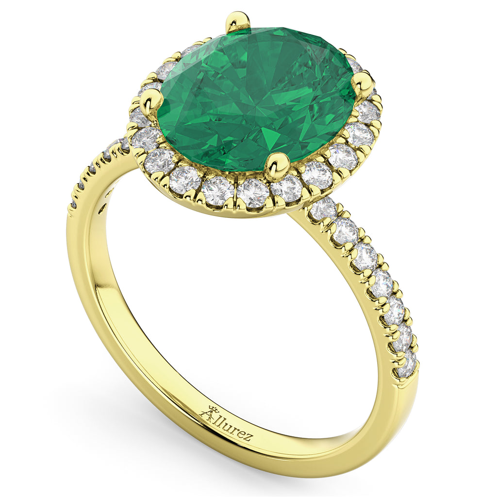 Oval Cut Halo Emerald & Diamond Engagement Ring 14K Yellow Gold 3.11ct