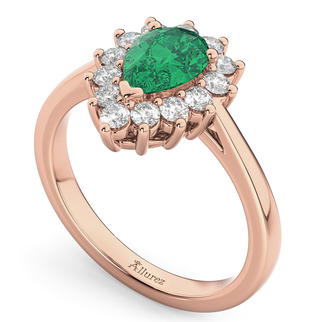 Halo Emerald & Diamond Floral Pear Shaped Fashion Ring 14k Rose Gold (1.12ct)