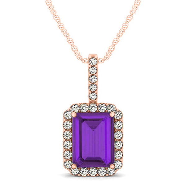 Diamond & Emerald Cut Amethyst Halo Pendant Necklace 14k Rose Gold (4.25ct)