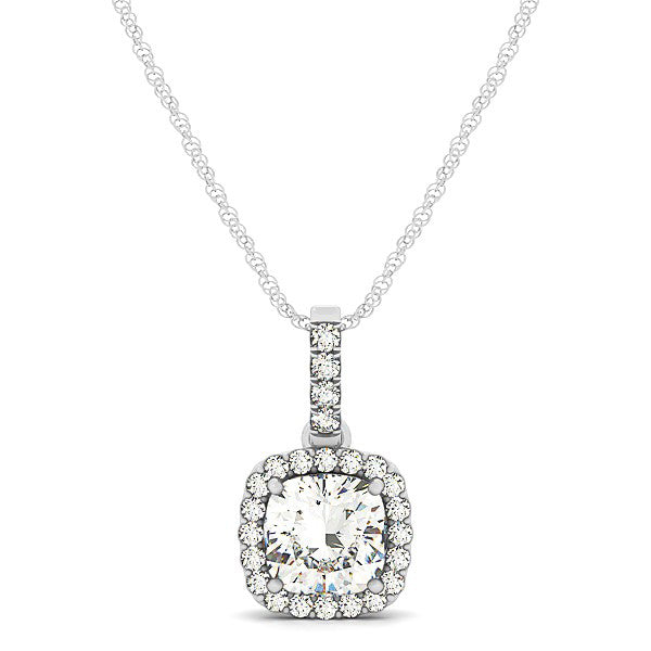 Diamond Halo Cushion Pendant Necklace 14k White Gold (0.62ct)