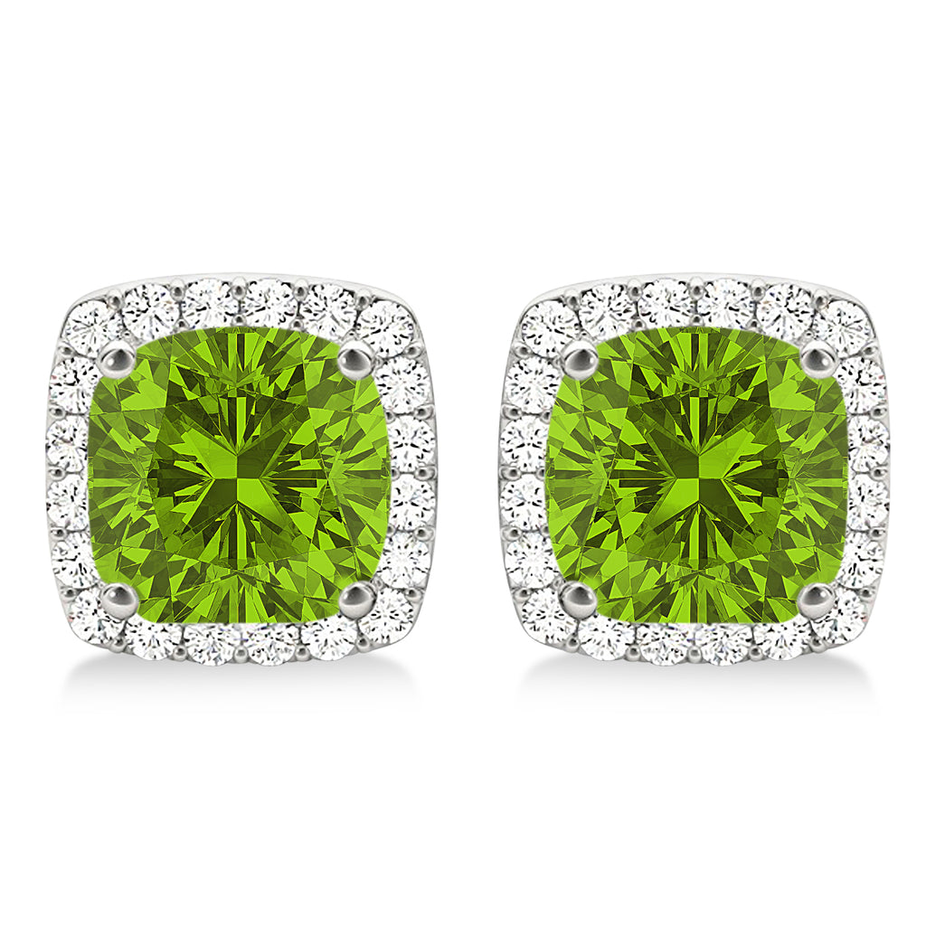Cushion Cut Peridot & Diamond Halo Earrings 14k White Gold (1.50ct)