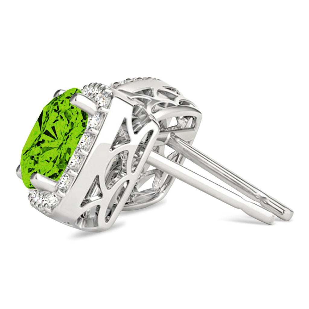 Cushion Cut Peridot & Diamond Halo Earrings 14k White Gold (1.50ct)