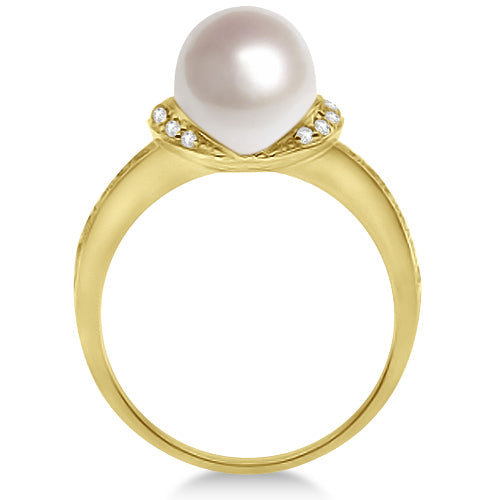 Solitaire Freshwater Cultured Pearl & Diamond Ring 14K Yellow Gold (8mm)